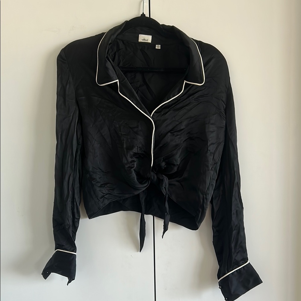 Black Satin Button-Up Blouse with White Trim